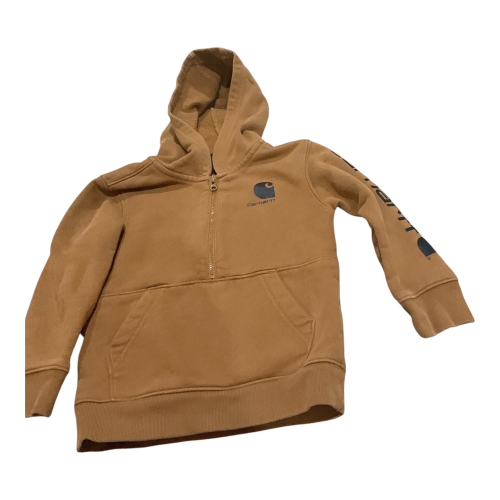 Carhartt Boys 2T Brown Quarter Zip Fleece Hoodie Sleeve Logo Sweatshirt